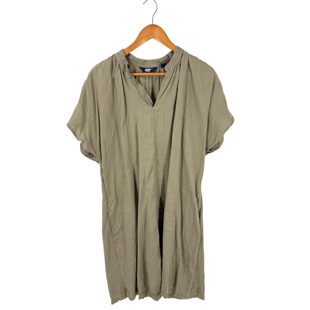 Lands End Linen Shift Dress Olive Green Large 14-16 Short Sleeve Pockets Boho
